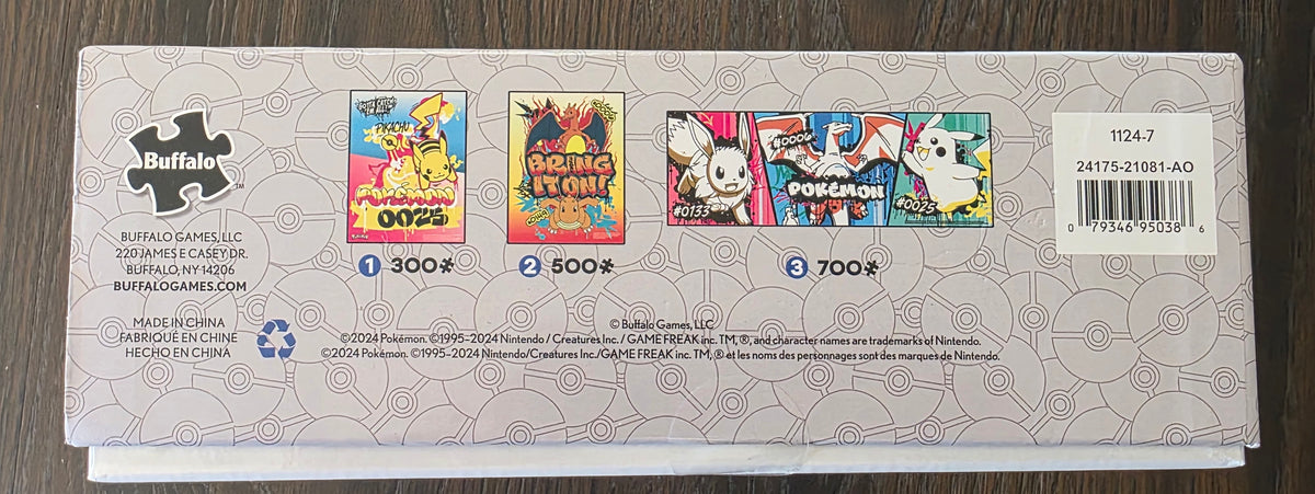 Buffalo Games Pokémon three-puzzle set packaging